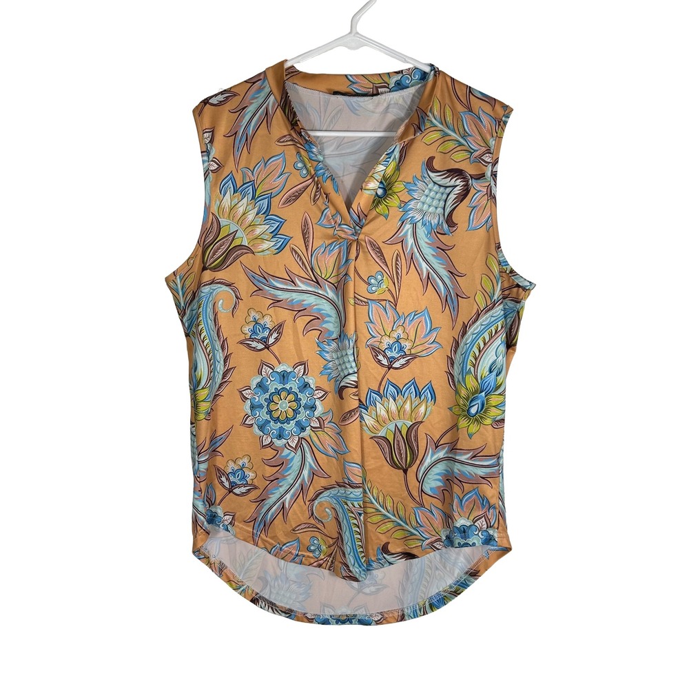 LOVEU.DEAR Womens XL Paisley Floral‎ Sleeveless V-Neck Blouse Tan Blue Boho Top